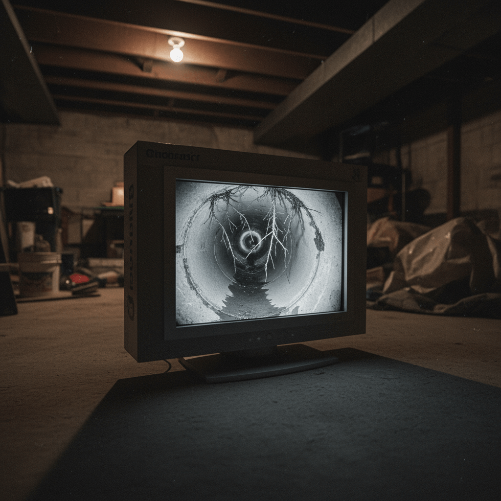 Kamerabefahrung eines Abwasserrohres mit Monitorbild