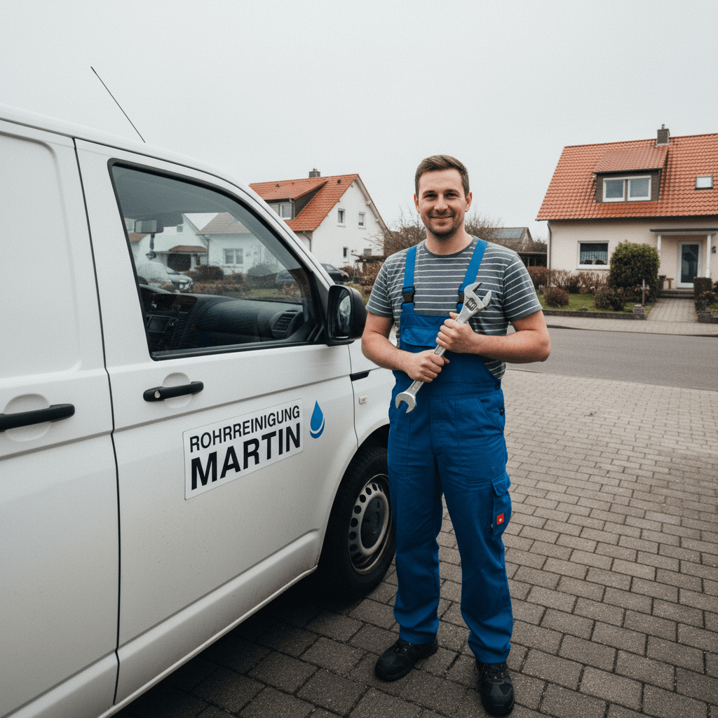 Freundlicher Techniker vor Servicefahrzeug als Experte für Rohrreinigung im Einsatz